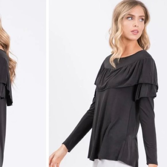 Hailey & Co. Reba Long Sleeve Ruffle Basic Blouse Bohemian Top Black New Medium - Picture 8 of 13